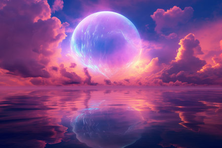 Clouds background. Futuristic digital art. Romantic moon, seascapes, neon light red and purple.の素材