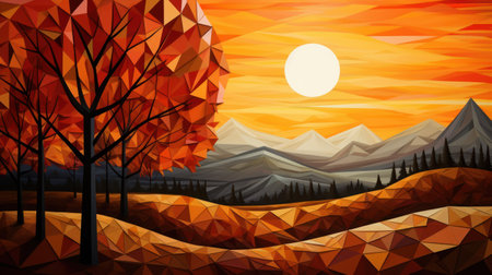 Geometrical autumn landscape with trees. Geometrical fall art. Low poly abstract autumn landscape.の素材