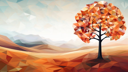 Geometrical autumn landscape with trees. Geometrical fall art. Low poly abstract autumn landscape.の素材