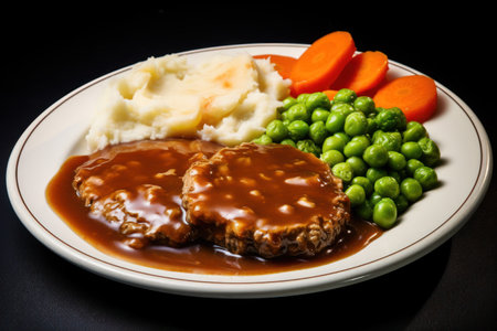 Classic Salisbury steak. Pork chop with mashed potatoes and vegetables on a white plate.の素材