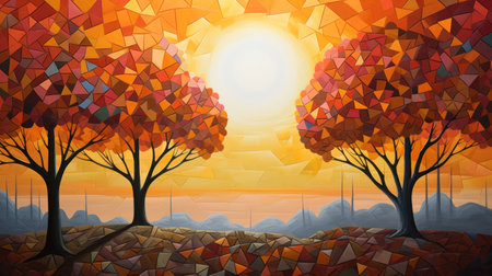 Geometrical autumn landscape with trees. Geometrical fall art. Low poly abstract autumn landscape.の素材