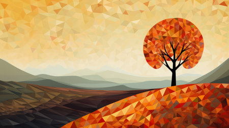 Geometrical autumn landscape with trees. Geometrical fall art. Low poly abstract autumn landscape.の素材