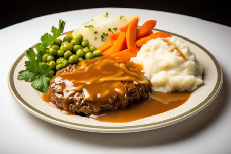 Classic Salisbury steak. Pork chop with mashed potatoes and vegetables on a white plate.の素材