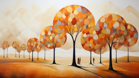 Geometrical autumn landscape with trees. Geometrical abstract fall art.の素材
