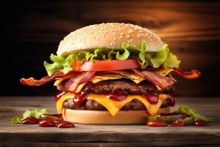 Cheese burger - American cheese burger with fresh salad on wooden backgroundの素材