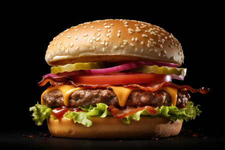 Big tasty hamburger with beef, cheese and vegetables on black backgroundの素材
