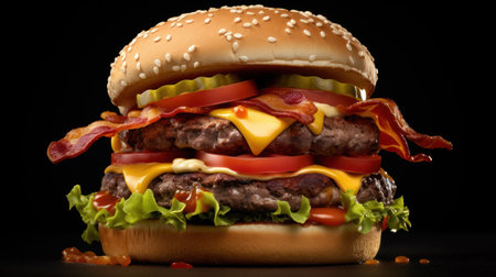 Cheese burger - American cheese burger with bacon and tomato on black backgroundの素材