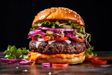 Cheese burger - American cheese burger with fresh salad on wooden backgroundの素材