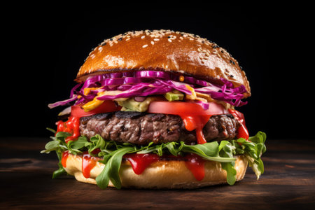 Homemade hamburger with beef patty and fresh vegetables on wooden backgroundの素材
