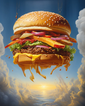 Hamburger with flying ingredients on blue background. 3d renderingの素材