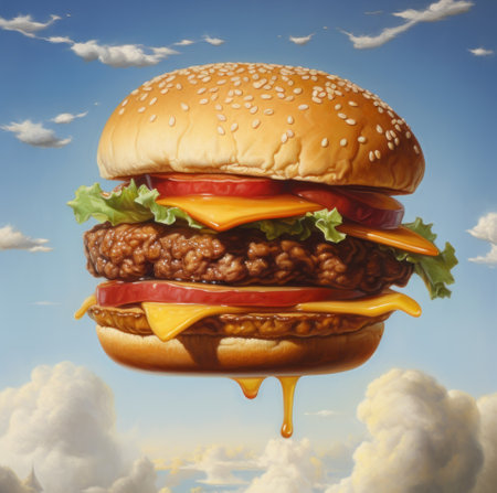Hamburger with cheese, tomato and lettuce on blue sky backgroundの素材
