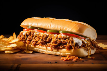 Pulled pork sandwich with french fries on wooden table. Toned.の素材
