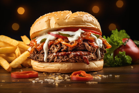 Cheese burger - American cheese burger with Golden French fries and fresh vegetablesの素材