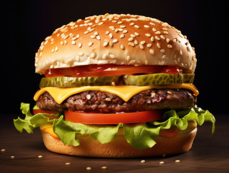 Big tasty cheeseburger with fresh vegetables on dark background. Toned.の素材