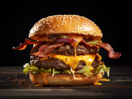 Cheeseburger with bacon and lettuce on wooden table, black backgroundの素材