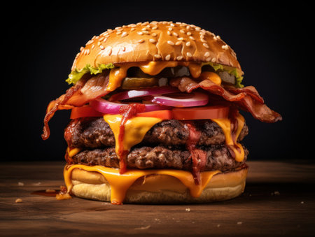 Big tasty cheeseburger on wooden table, black background. Toned.の素材