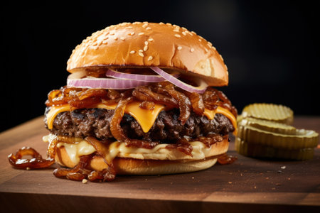Cheese burger - American cheese burger with Golden French fries onion and ketchupの素材