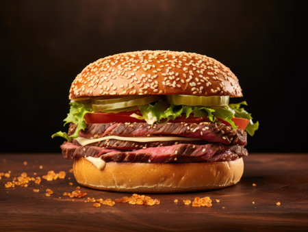 Big hamburger on a wooden board with salt on a dark backgroundの素材