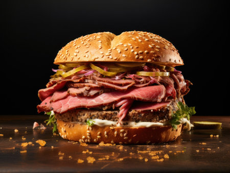 hamburger with beef on a wooden table on a black backgroundの素材