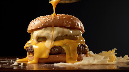 Cheeseburger with melted cheese on a wooden board, black backgroundの素材