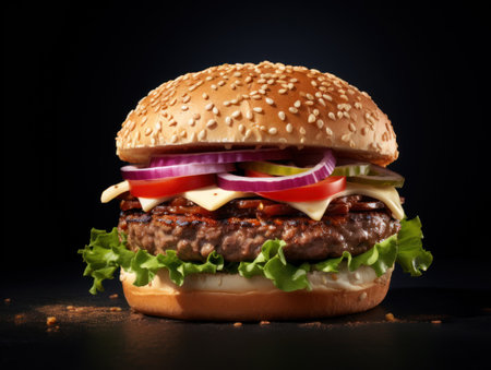 Big tasty hamburger on wooden table over dark background. Close up.の素材
