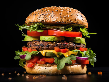 Big hamburger on dark background. Cheese burger - American cheese burger with meat, onion, salad and tomatoの素材