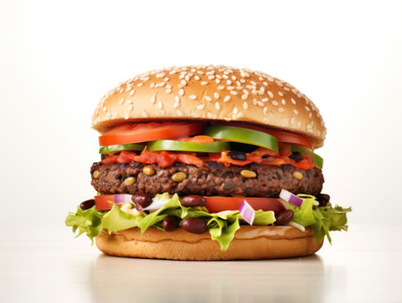 Big hamburger on white background. Cheese burger - American cheese burger with meat, onion, salad and tomatoの素材