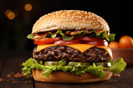 Big hamburger on dark background. Cheese burger - American cheese burger with meat, onion, salad and tomatoの素材