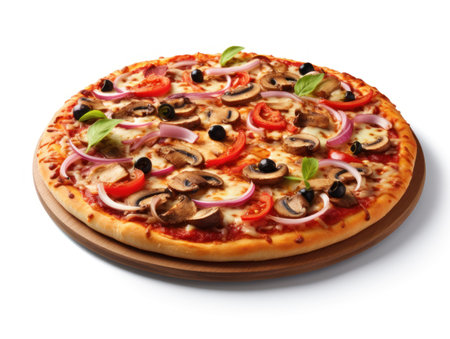 Delicious pizza with mushrooms and olives on white background, closeupの素材