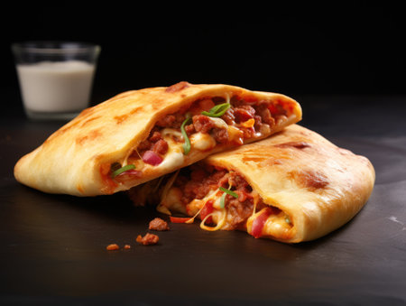 Pizza Calzone on a wooden table. Close up.の素材