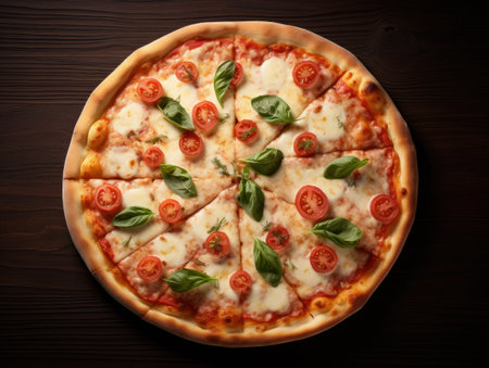 Pizza with mozzarella, tomato and basil on black backgroundの素材