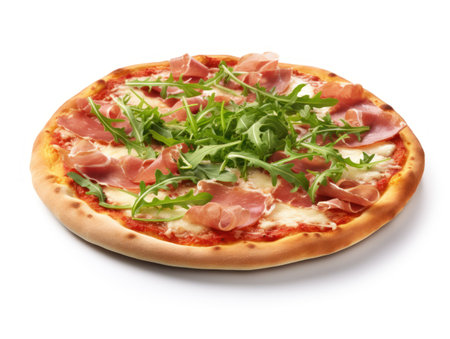 Italian pizza with prosciutto and arugula on a white backgroundの素材