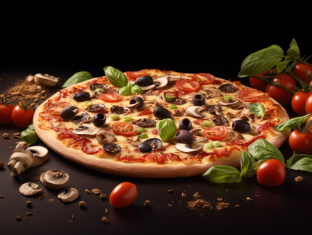 Pizza with olives, mozzarella cheese and tomatoes on black backgroundの素材