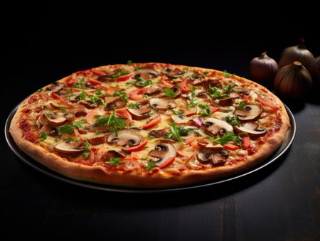 Delicious pizza with mushrooms and tomatos on blackbackground, closeupの素材