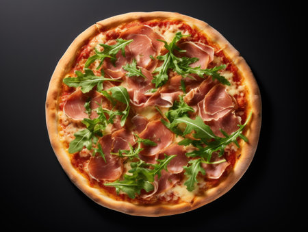 Italian pizza with prosciutto and arugula on a black backgroundの素材