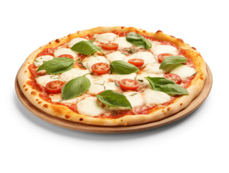 Pizza with mozzarella, tomato and basil on white backgroundの素材