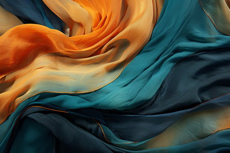 Texture, background, pattern. Silk fabric is transparent, multi-colored, orange, yellow, green, blue, brown.の素材
