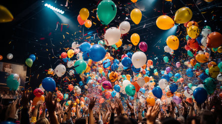 Crowd of people at a party with colorful balloons and confettiの素材