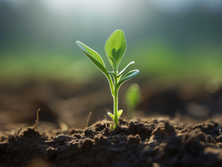 Small plant growing on the ground. Concept growth, green world and earth day. Photo-realistic landscape, sun shine, organic material.の素材
