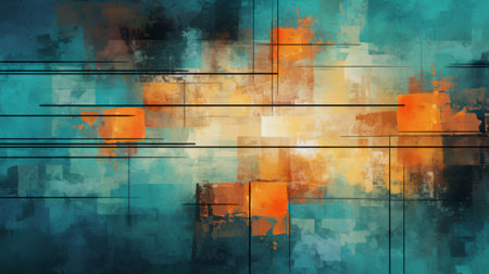 Abstract textured grunge art wallpaper. Colored background, teal and orange tones.の素材