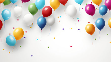 Colorful balloons on white background with confetti.の素材