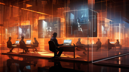 Computer rooms and people working at computers. Light black and orange, contemporary glass.の素材