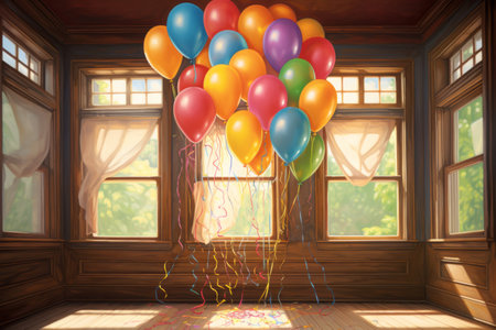 Birthday celebration. Cozy room with colorful balloons. Warm light, soft shadows on the walls.の素材