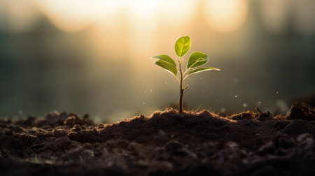 Small plant growing on the ground. Concept growth, green world and earth day. Photo-realistic landscape, sun shine, organic material.の素材