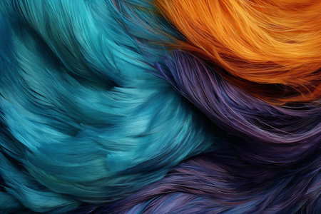 Blue, purple and orange feathers backdrop. Luxurious fibers, dark orange and light cyan background, color realistic photography.の素材