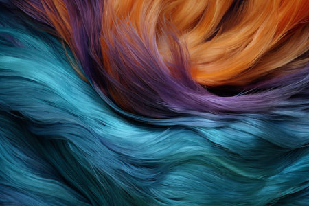 Blue, purple and orange feathers backdrop. Luxurious fibers, dark orange and light cyan background, color realistic photography.の素材
