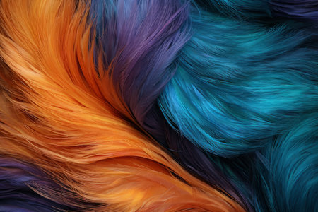 Blue, purple and orange feathers backdrop. Luxurious fibers, dark orange and light cyan background, color realistic photography.の素材