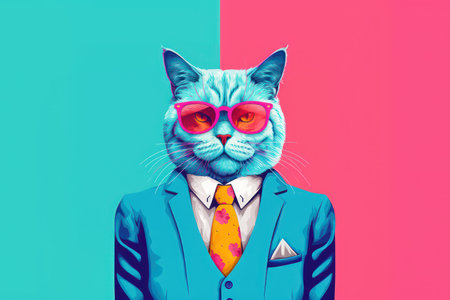 Funny cat in a suit and tie on pink and blue background.の素材