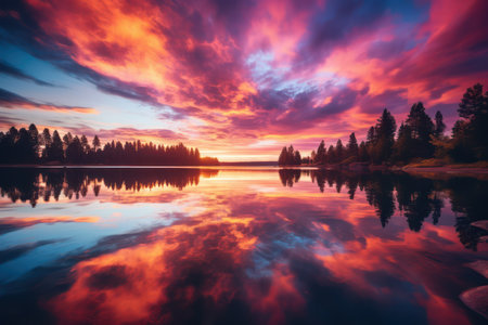 Colorful sunset over lake. Dramatic sky. Beauty world.の素材