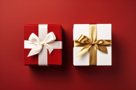 Gift boxes with gold ribbon on red background. Top view.の素材